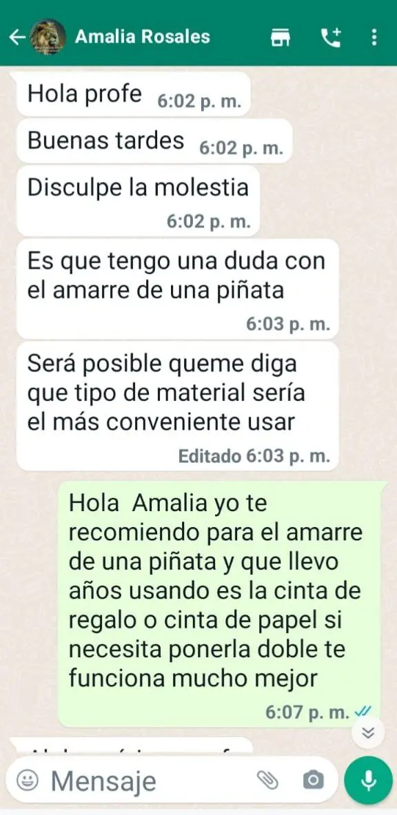 Conversación de WhatsApp sobre el mejor material para el amarre de una piñata