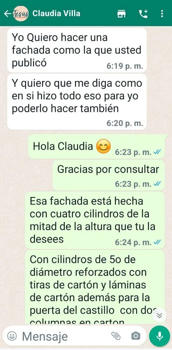 Conversación de WhatsApp explicando cómo hacer una fachada de castillo en cartón